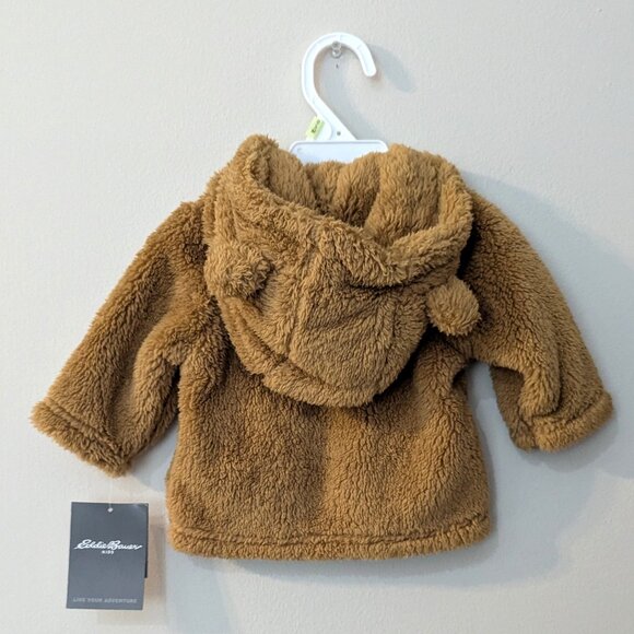 NWT Eddie Bauer Baby Sherpa Fleece Jacket 0–3M Bronze Bear Ear Hood Zip Front - Picture 3 of 3
